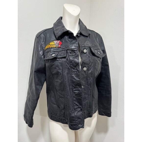Vintage Gap Black Leather Motorcycle Biker Trucker Jacket With Patches - Picture 1 of 8